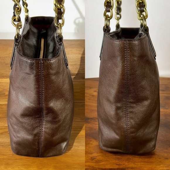 Coach Madison Brown Leather Tote Bag with Gold Chain Detail - Picture 9 of 12